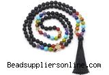 GMN8615 Hand-knotted 7 Chakra 8mm, 10mm black lava 108 beads mala necklace with tassel