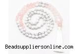 GMN8626 8mm, 10mm matte white howlite & rose quartz 108 beads mala necklace with tassel