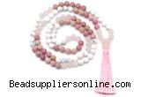 GMN8627 8mm, 10mm matte white howlite, red jasper & rose quartz 108 beads mala necklace with tassel