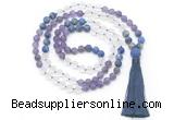 GMN8629 8mm, 10mm matte amethyst, white crystal & lapis lazuli 108 beads mala necklace with tassel