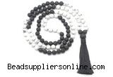 GMN8636 8mm, 10mm white howlite & black lava 108 beads mala necklace with tassel