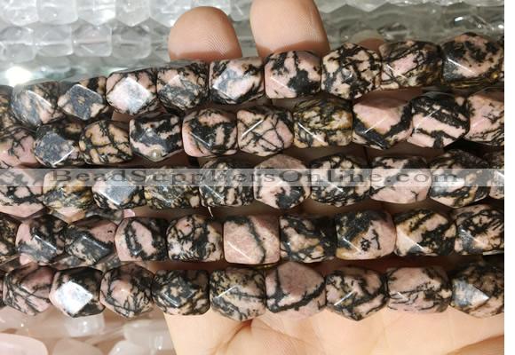 NGBS149 15 inches 9*11mm faceted nuggets black veined rhodonite gemstone beads