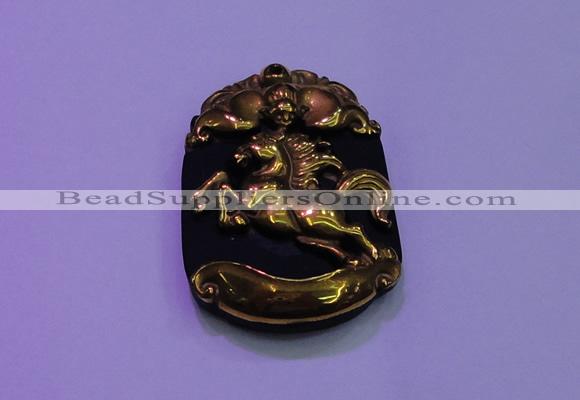 NGP2007 30*40mm carved gold plated matte black obsidian pendants