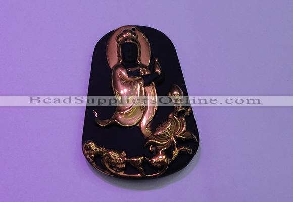 NGP2031 40*60mm carved gold plated matte black obsidian pendants