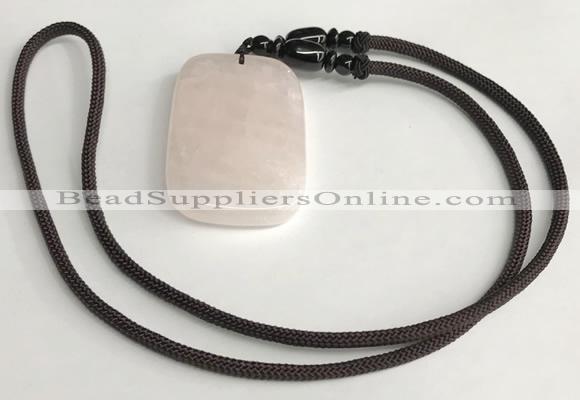 NGP5595 Rose quartz rectangle pendant with nylon cord necklace