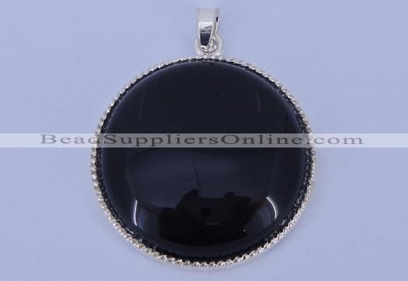 NGP651 5pcs 6*33mm flat round black obsidian with brass gemstone pendants