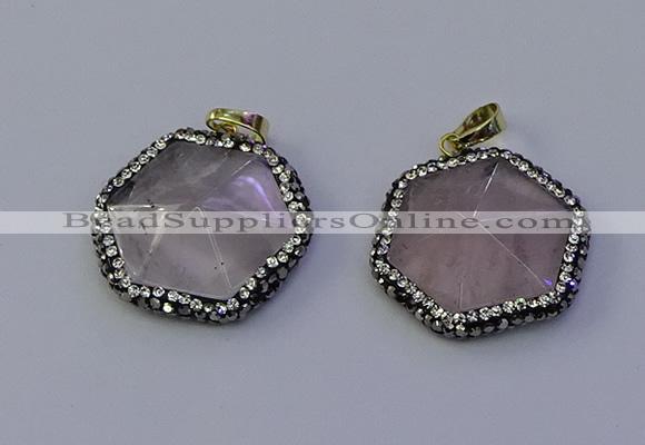 NGP7111 30*30mm hexagon rose quartz pendants wholesale